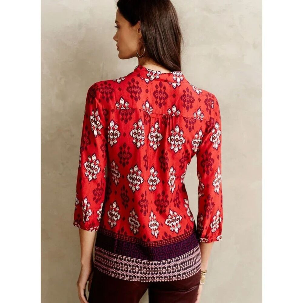 Anthropologie Maeve Boho Ikat Blouse Red Purple Button Front Top Women’s 8